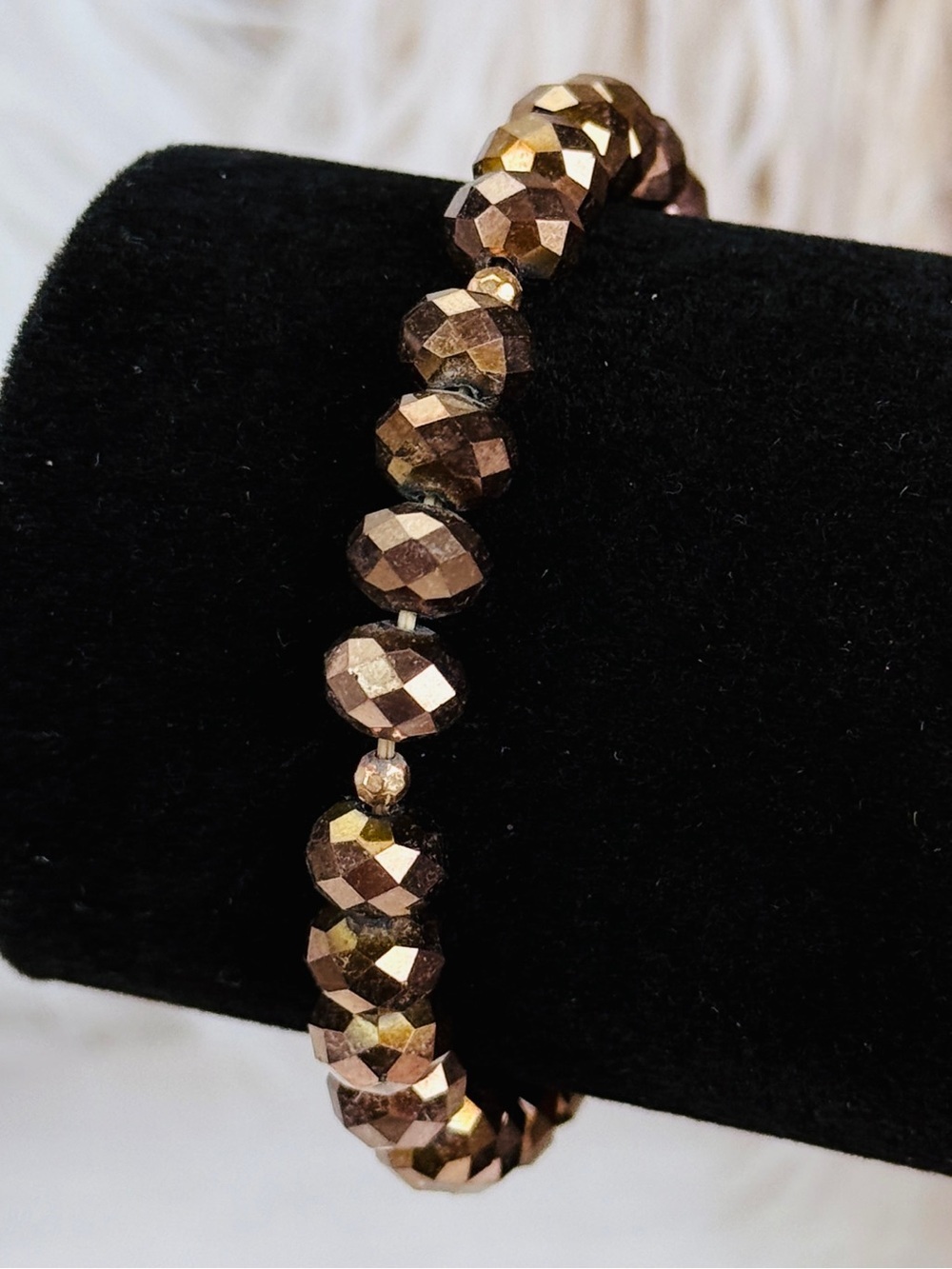 Elegant aged, brass tone, brown reflective, beaded stretch Bracelet